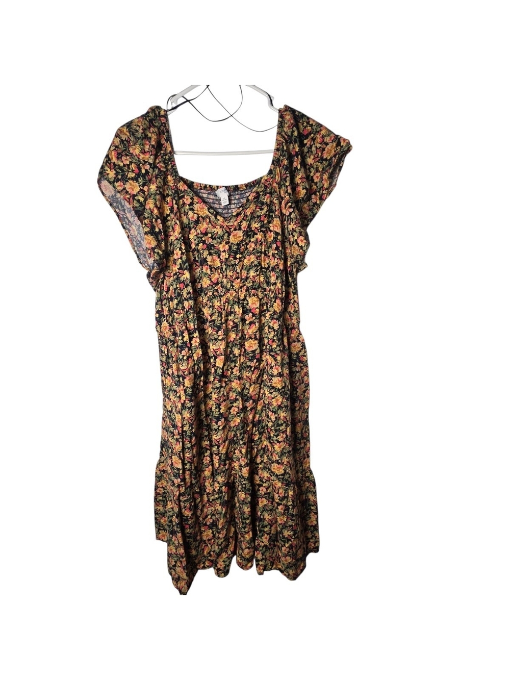 Terra & Sky Black Floral Smocked Ruffle Sleeve Plus Size Dress 1X Pockets